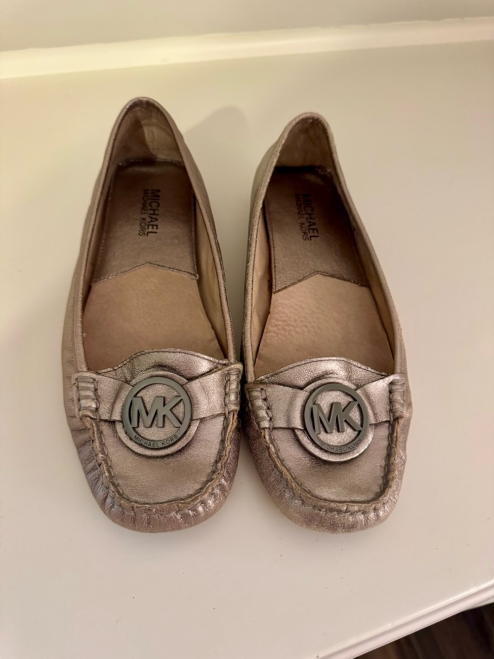 Michael Kors Metallic Pewter Leather Moccasin Loafers
